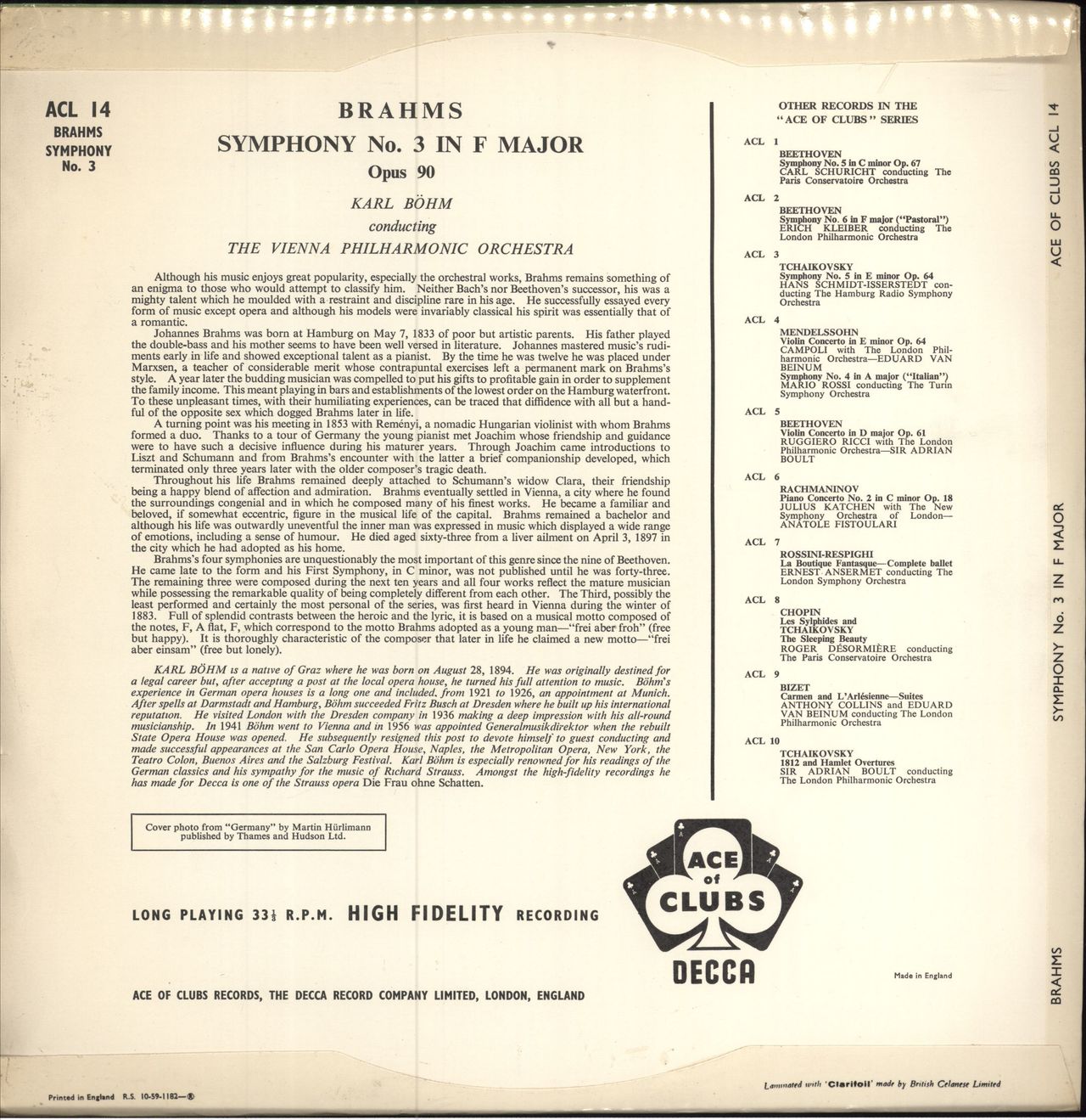 Johannes Brahms Symphony No. 3 in F Major, Opus 90 UK vinyl LP album (LP record)