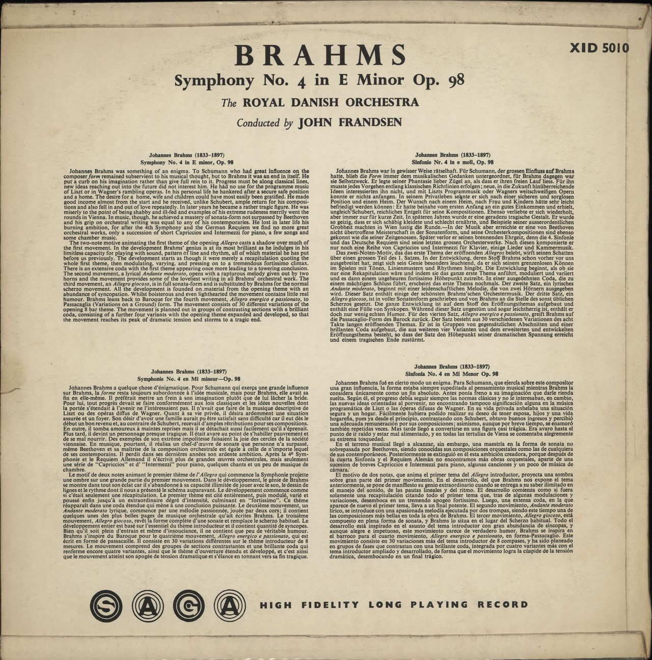 Johannes Brahms Symphony No. 4 in E Minor, Op.98 UK vinyl LP album (LP record)