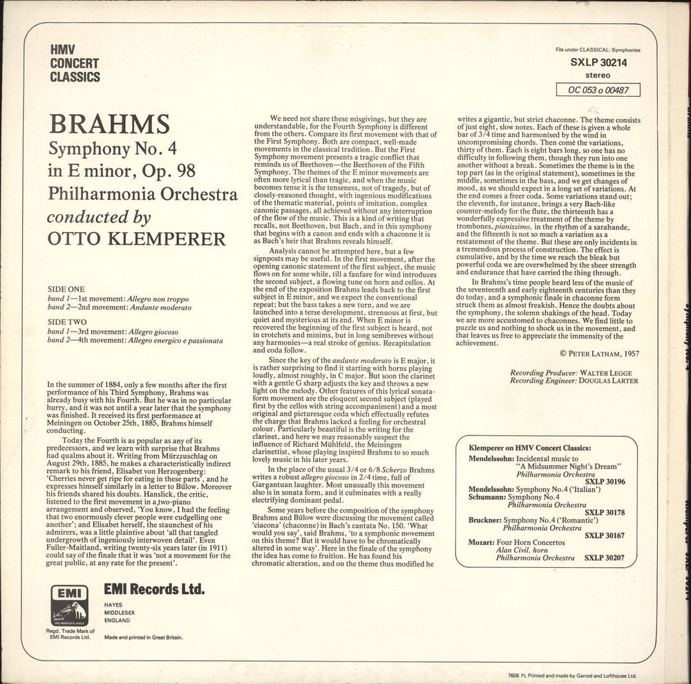 Johannes Brahms Symphony No.4 In E Minor UK vinyl LP album (LP record)