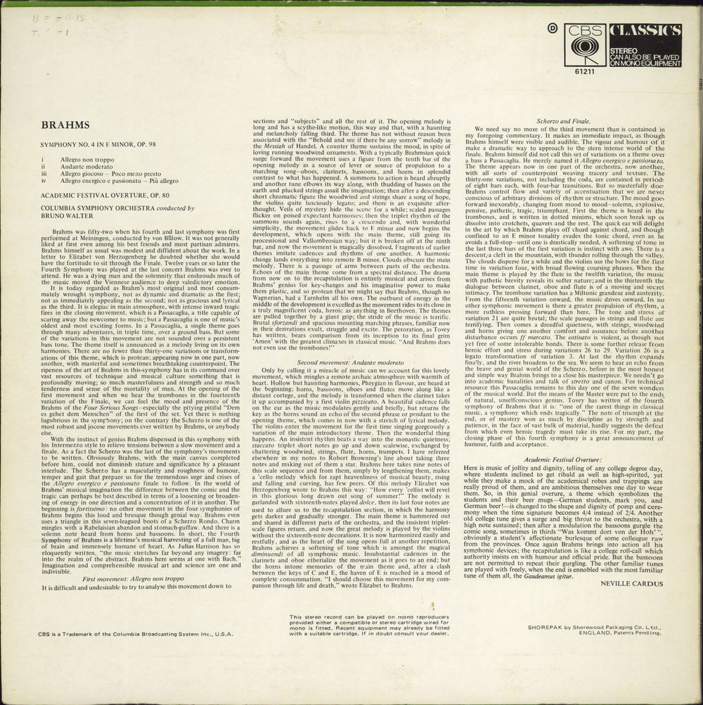 Johannes Brahms Symphony No. 4 In E Minor UK vinyl LP album (LP record)