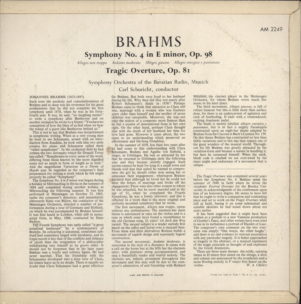 Johannes Brahms Symphony No. 4 / Tragic Overture UK vinyl LP album (LP record)
