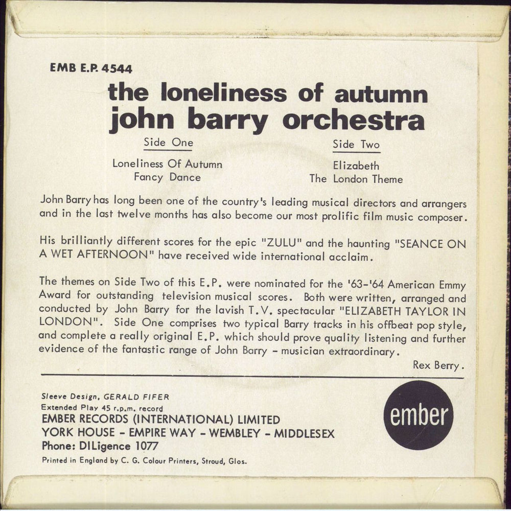 John Barry (Composer) The Loneliness Of Autumn UK 7" vinyl single (7 inch record / 45)