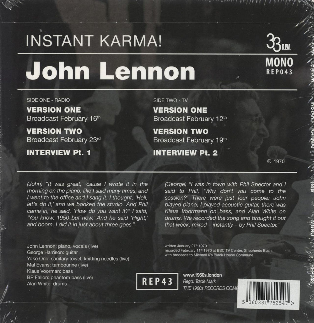 John Lennon Instant Karma! EP UK 7" vinyl single (7 inch record / 45) 5060331752547