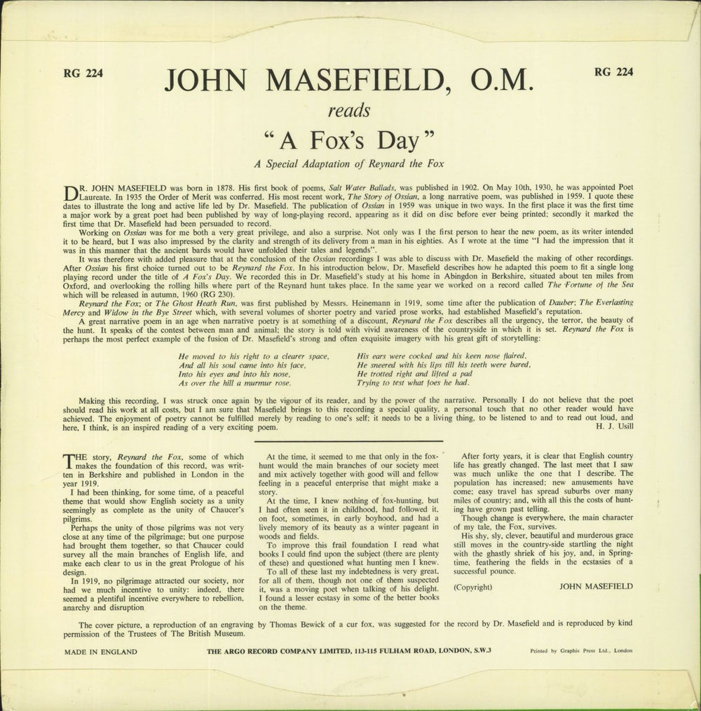 John Masefield A Fox's Day UK vinyl LP album (LP record)