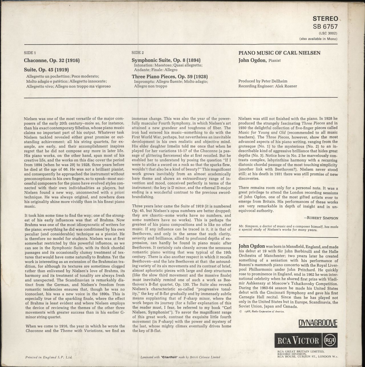 John Ogdon Piano Music Of Carl Neilsen UK vinyl LP album (LP record)