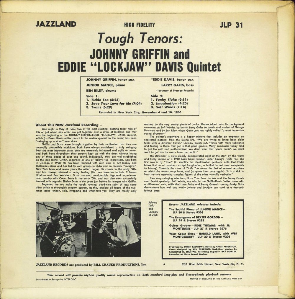 Johnny Griffin & Eddie 'Lockjaw' Davis Tough Tenors - Test Pressing UK vinyl LP album (LP record)