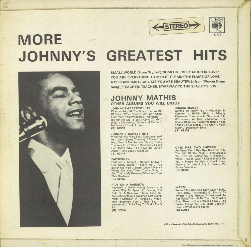 Johnny Mathis More Johnny's Greatest Hits UK vinyl LP album (LP record)