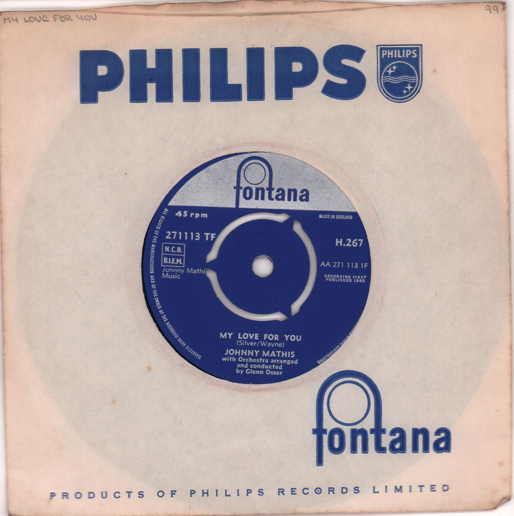 Johnny Mathis My Love For You UK 7" vinyl single (7 inch record / 45) H.267