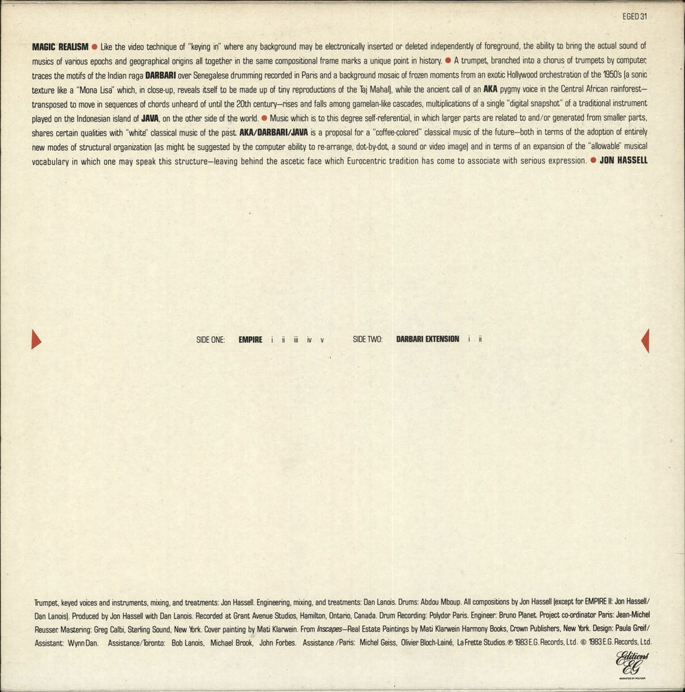 Jon Hassell Aka / Darbari / Java - Magic Realism US vinyl LP album (LP record)