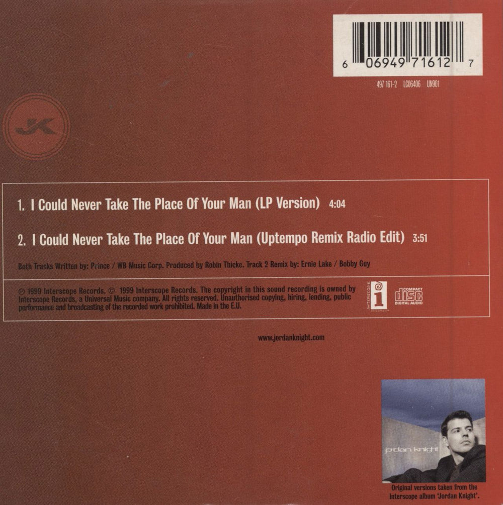 Jordan Knight I Could Never Take The Place Of Your Man UK CD single (CD5 / 5") 606949716127