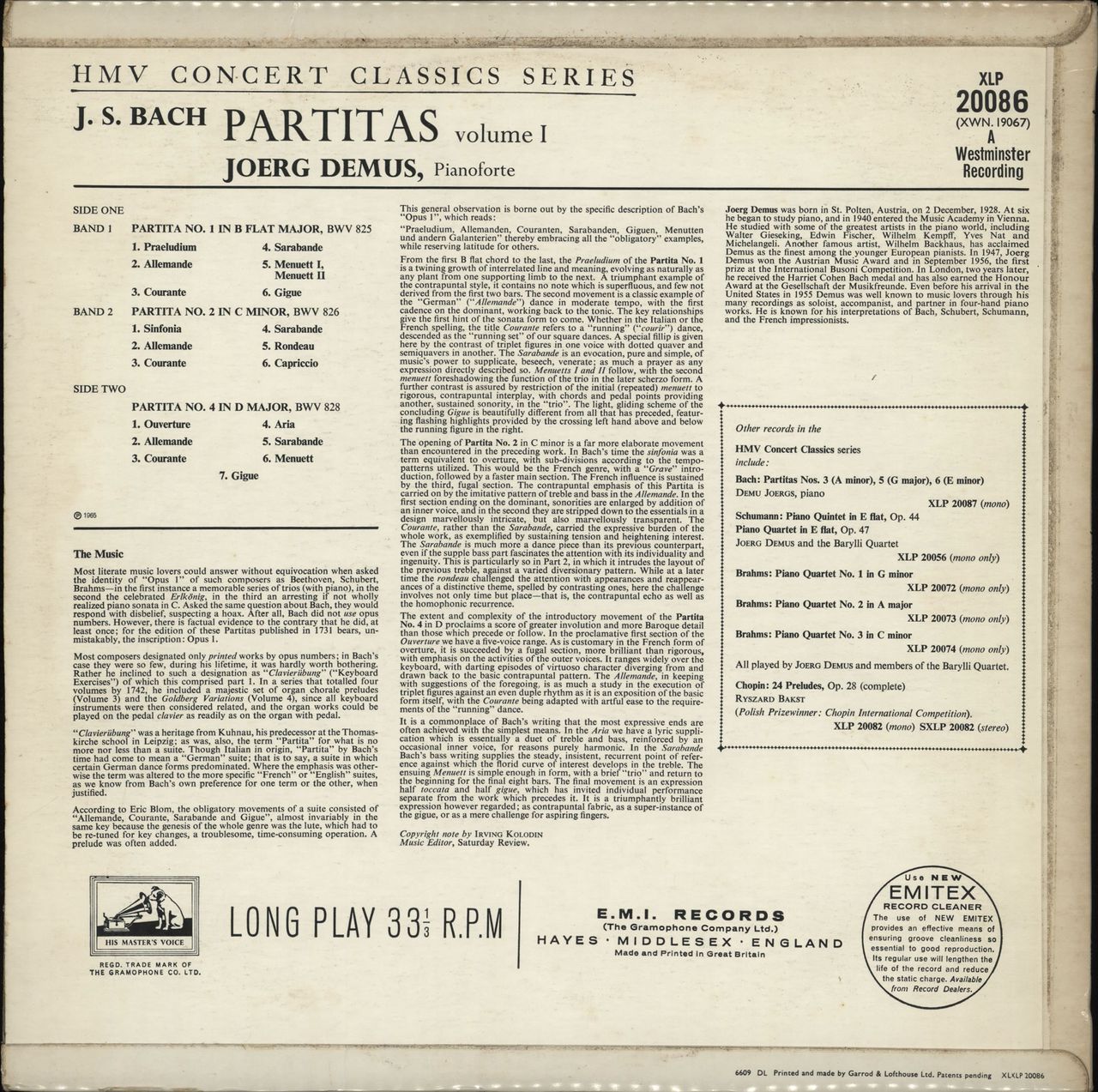 Jörg Demus J.S. Bach: Partitas Volume 1 UK vinyl LP album (LP record)