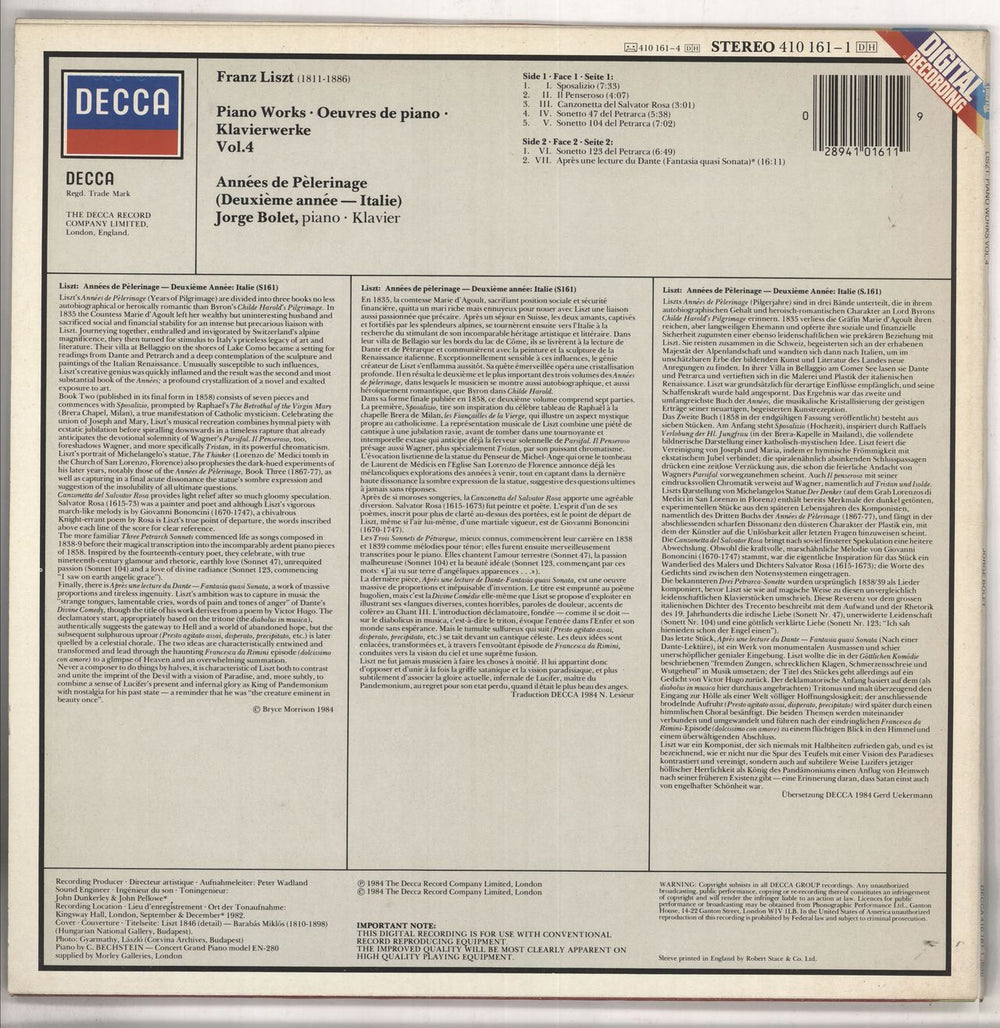 Jorge Bolet Liszt: Années De Pèlerinage ~ Italie UK vinyl LP album (LP record) 028941016119