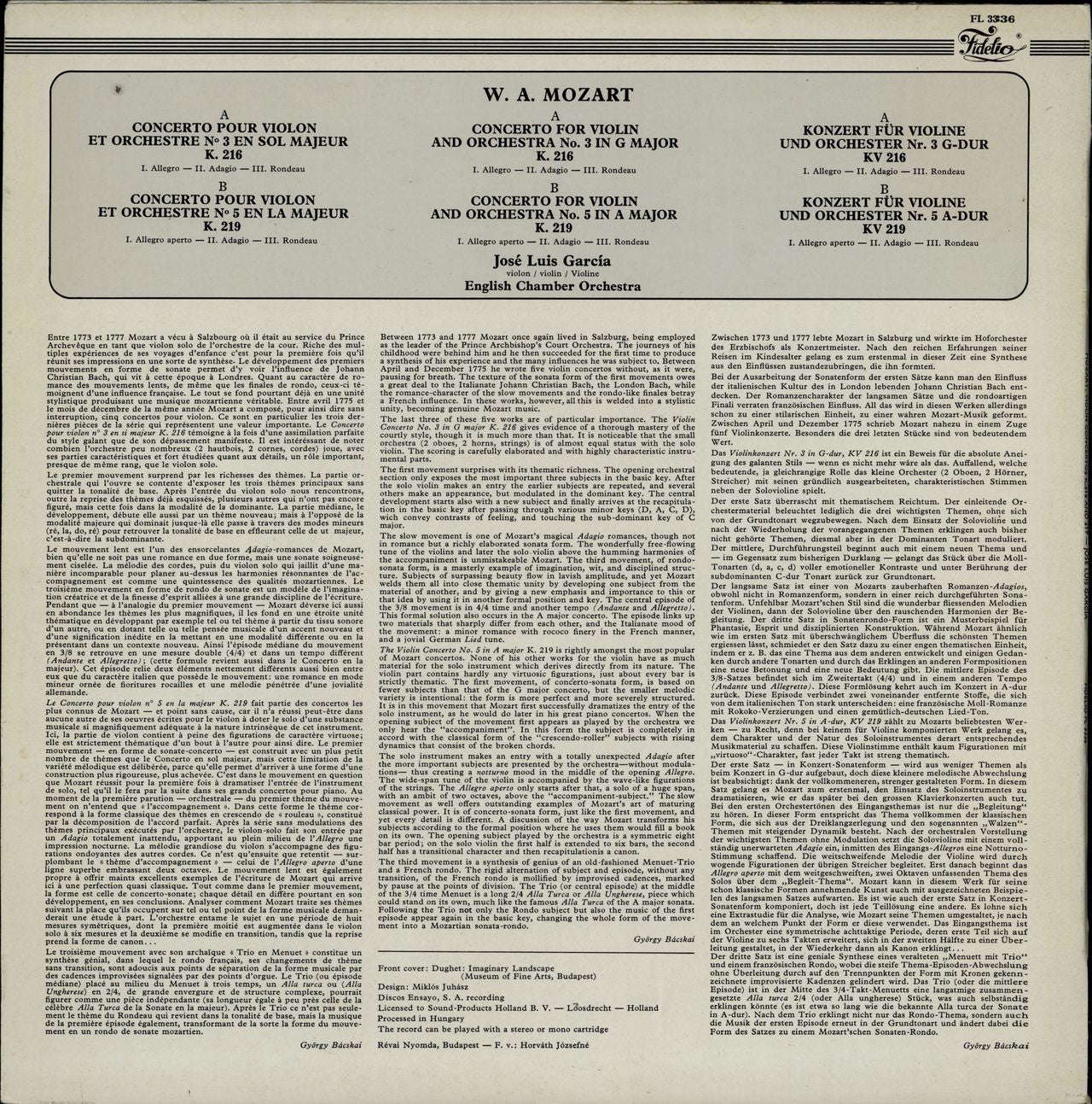 José Luis Garcia Mozart Violin Concertos K.216 & 219 Hungarian vinyl LP album (LP record)