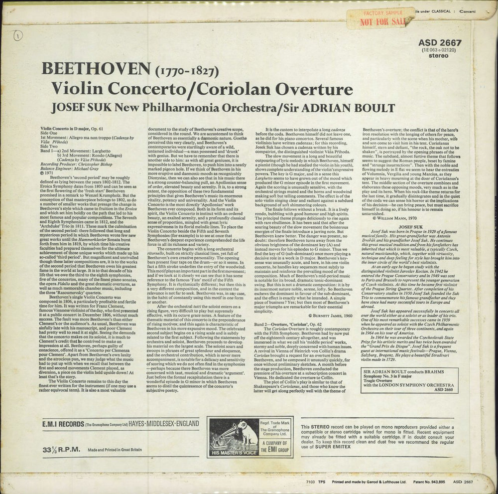 Josef Suk (1929-2011) Beethoven: Violin Concerto / Coriolan Overture - 1st - Sample UK vinyl LP album (LP record)