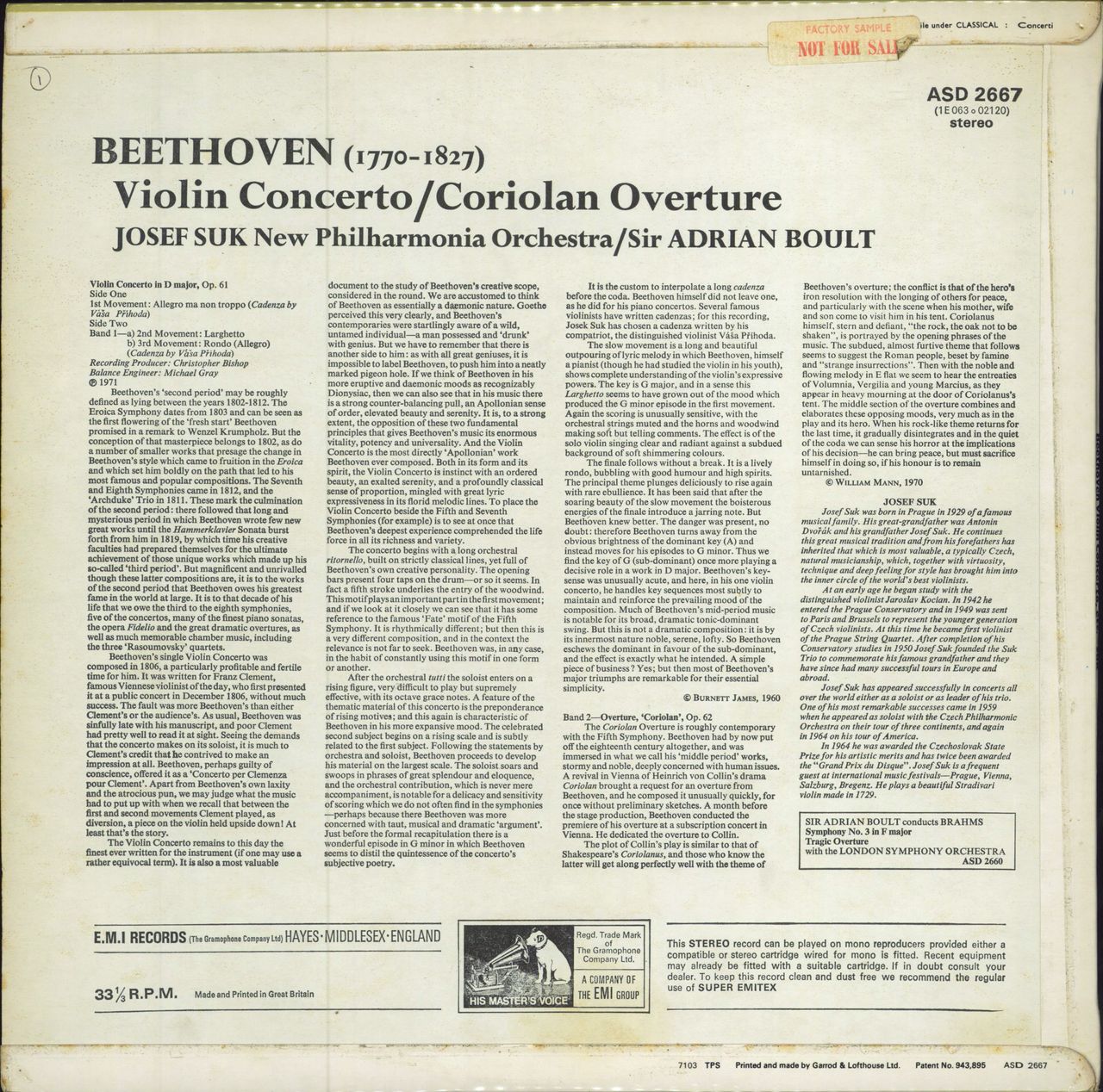 Josef Suk (1929-2011) Beethoven: Violin Concerto / Coriolan Overture - 1st - Sample UK vinyl LP album (LP record)
