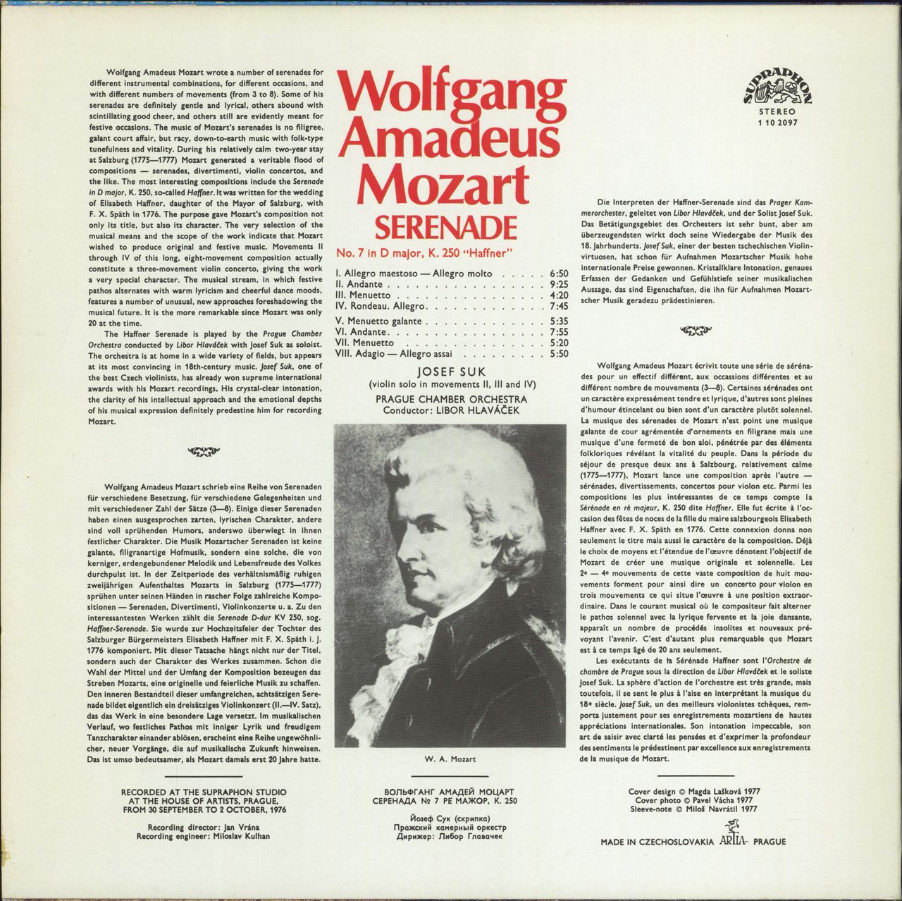 Josef Suk (1929-2011) Mozart: "Haffner" Serenade Czech vinyl LP album (LP record)