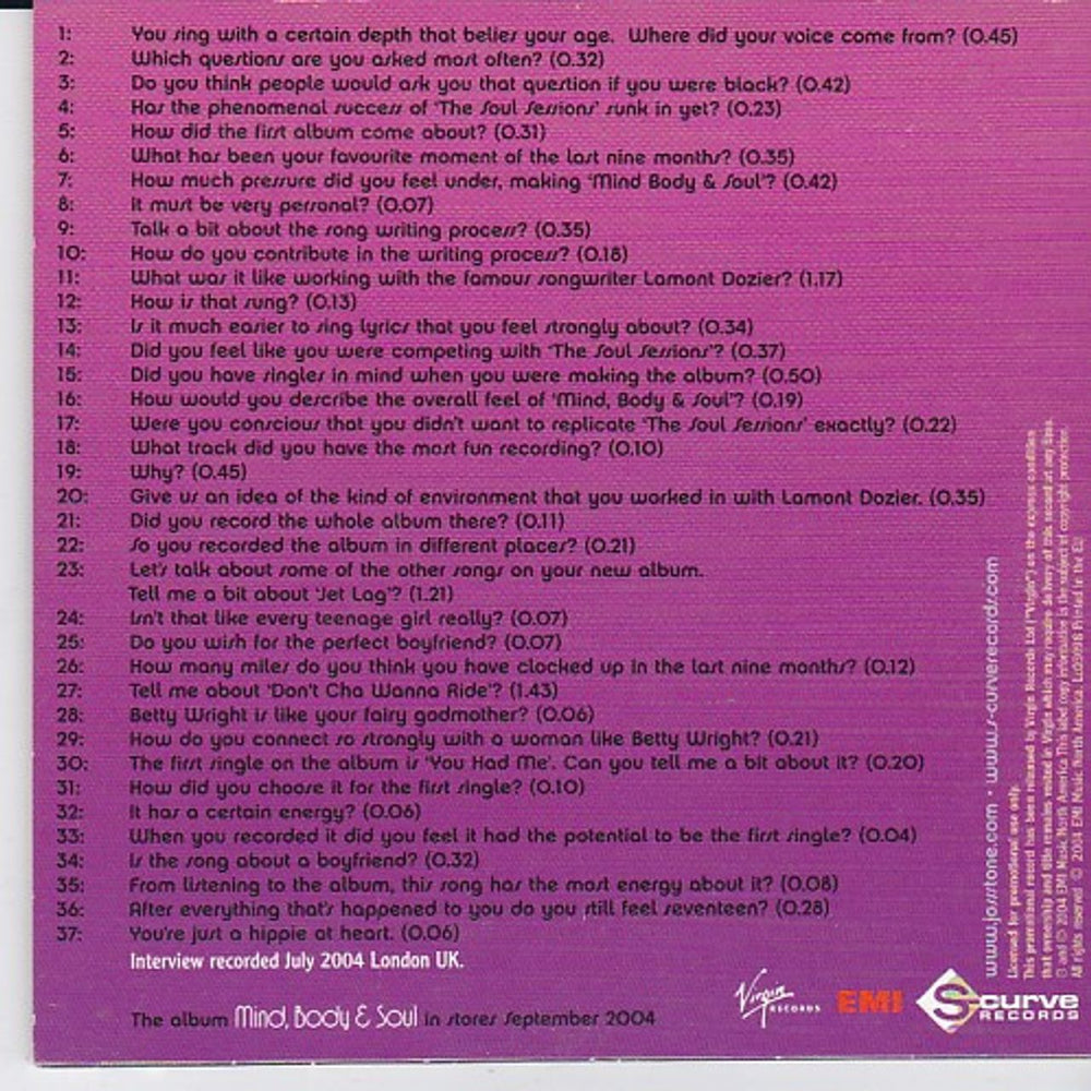 Joss Stone Mind Body & Soul - Interview Disc UK Promo CD album (CDLP) JSECDMI496226