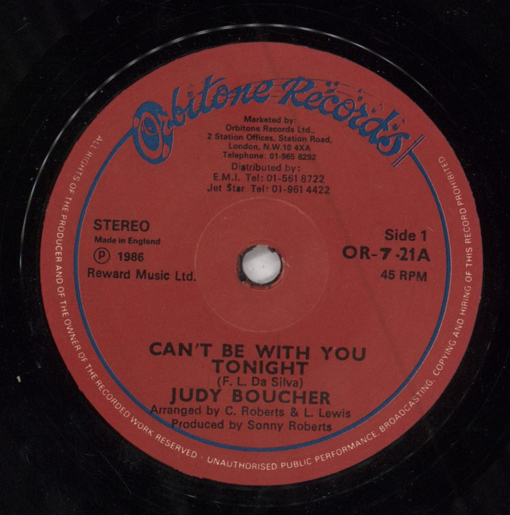Judy Boucher Can't Be With You Tonight - Solid UK 7" vinyl single (7 inch record / 45) OR-7-21