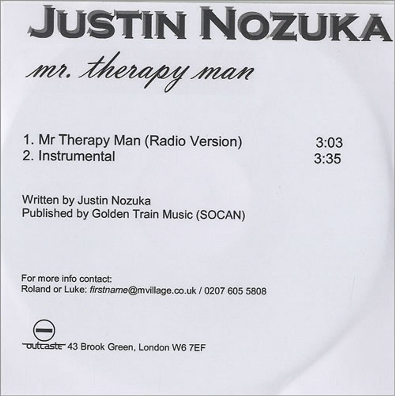 Justin Nozuka Mr Therapy Man UK Promo CD-R acetate CD-R ACETATE