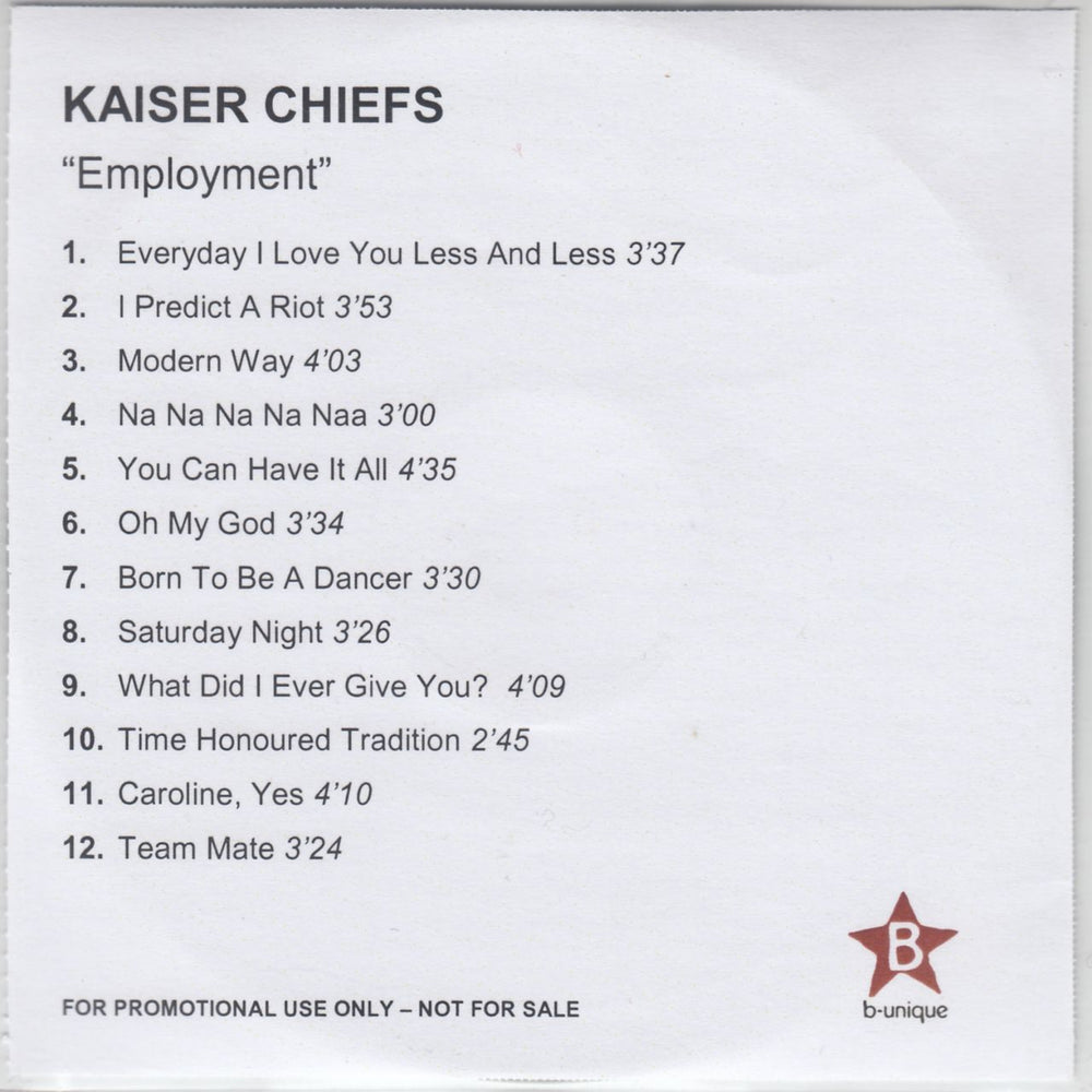 Kaiser Chiefs Employment UK Promo CD-R acetate CD-R