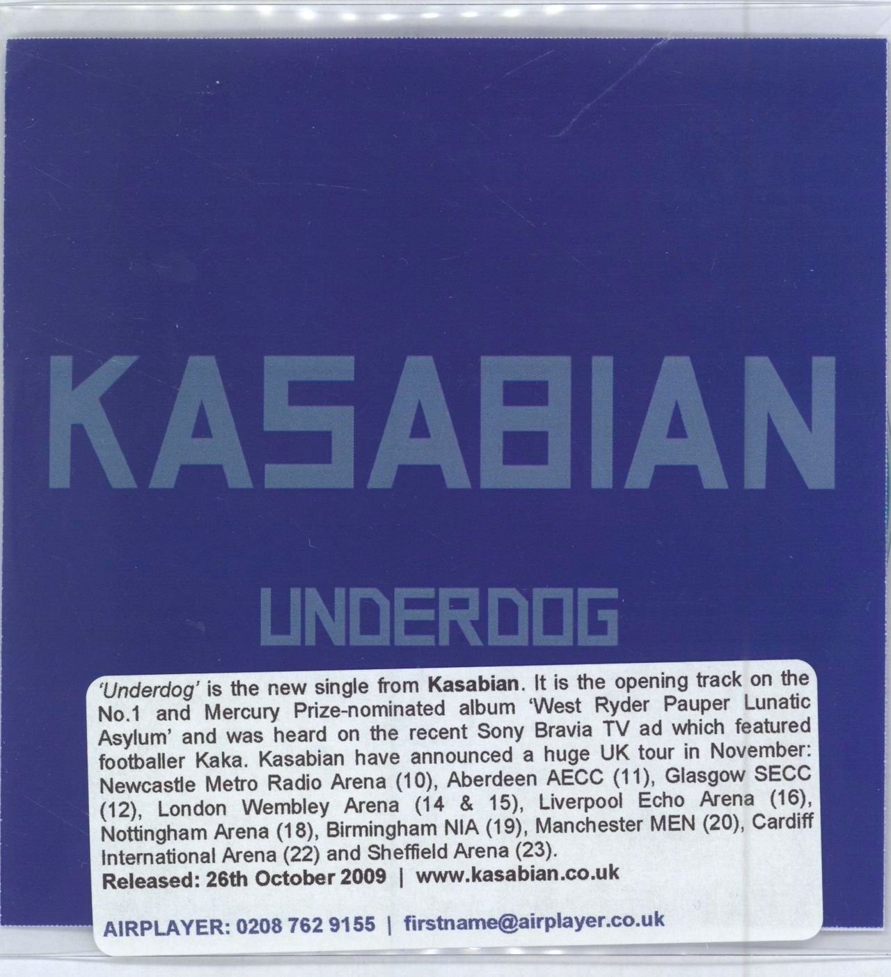 Kasabian Underdog + PR UK Promo CD-R acetate CD-R