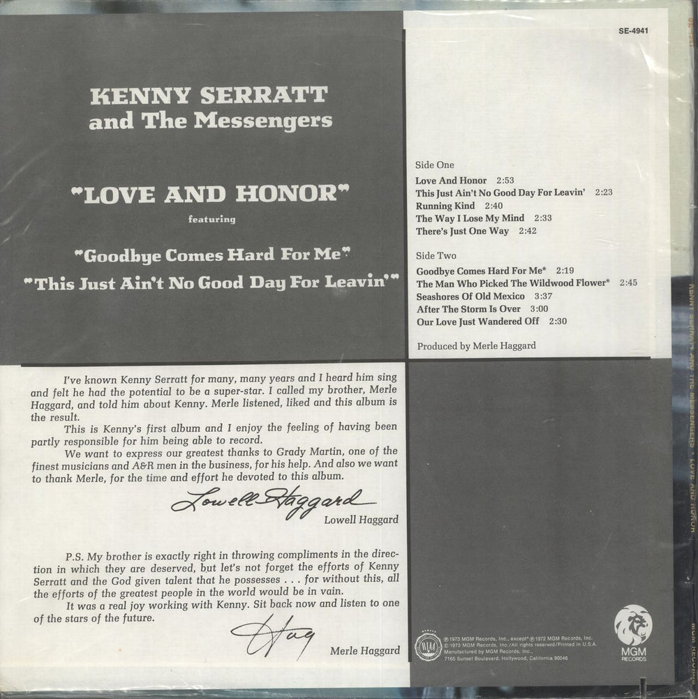 Kenny Serratt & The Messengers Love And Honour US vinyl LP album (LP record)