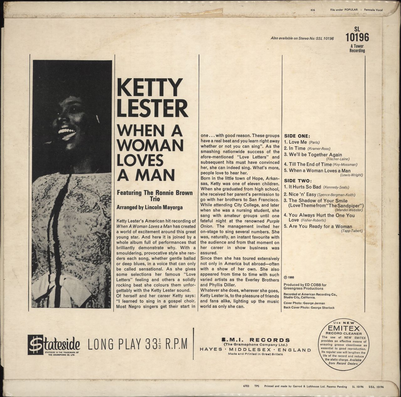 Ketty Lester When A Woman Loves A Man - Factory Sample UK vinyl LP album (LP record)