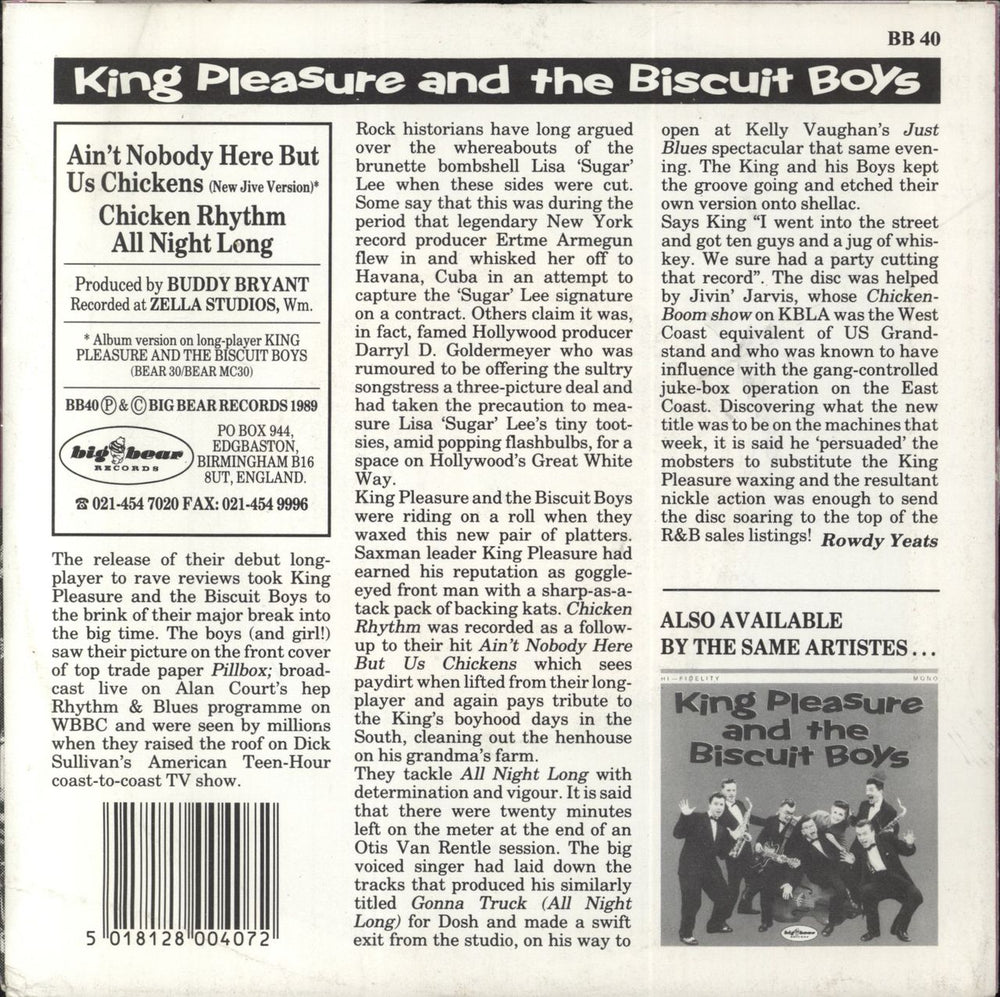 King Pleasure And The Biscuit Boys Ain't Nobody Here But Us Chickens UK 7" vinyl single (7 inch record / 45) 5018128004072