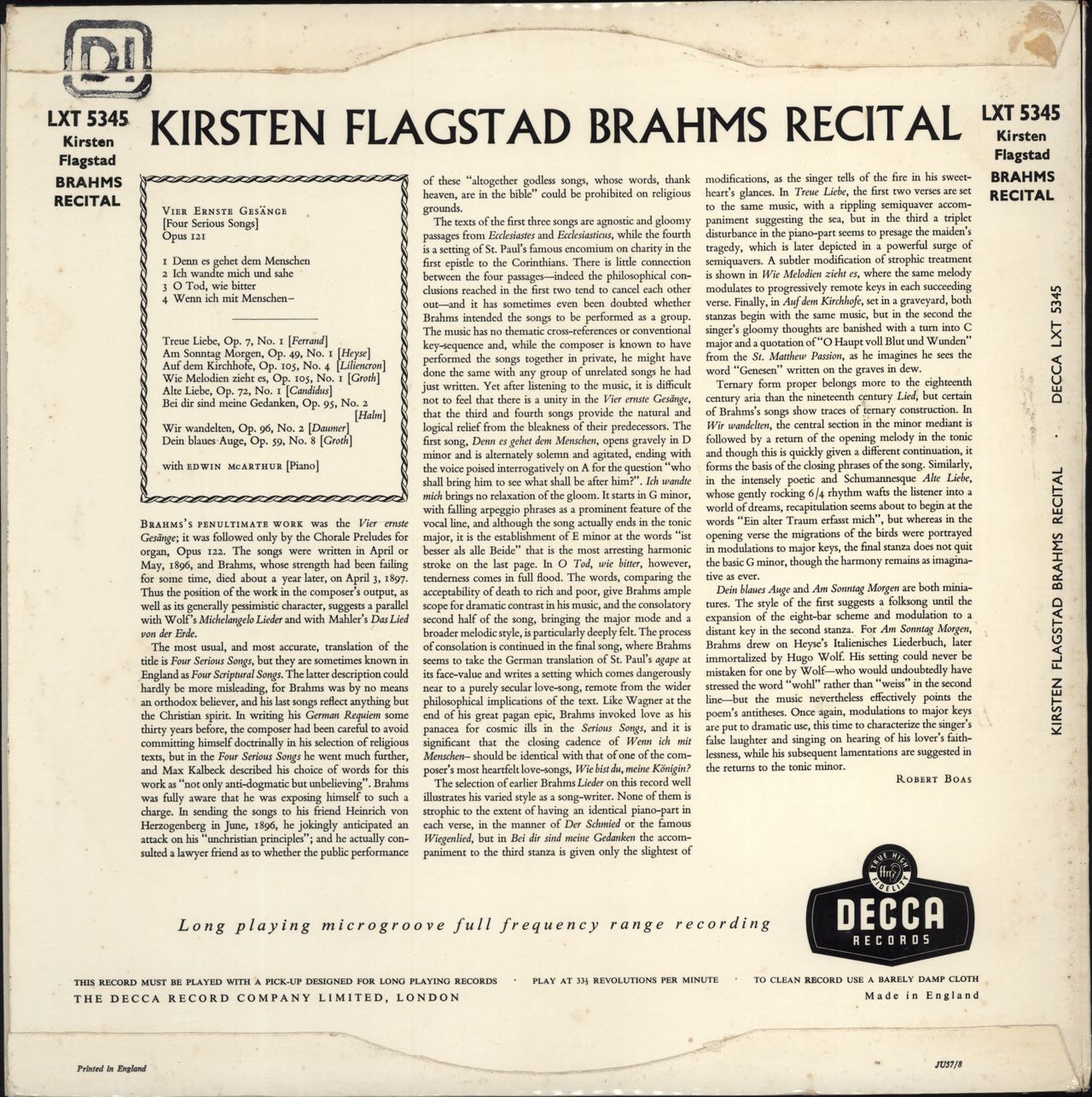 Kirsten Flagstad Brahms Recital - 1st UK vinyl LP album (LP record)
