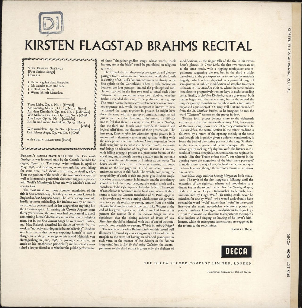 Kirsten Flagstad Brahms Recital - 2nd UK vinyl LP album (LP record)