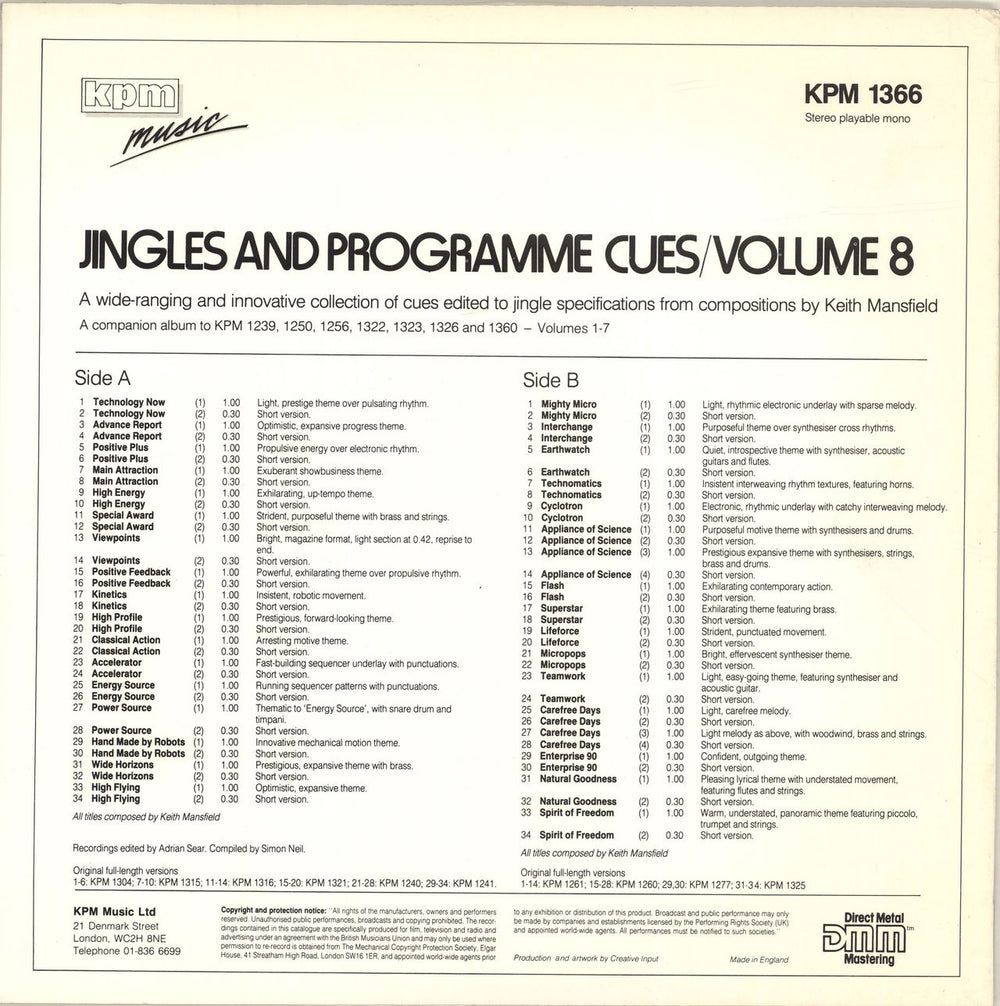 KPM Library Jingles And Programme Cues / Volume 8 UK vinyl LP album (LP record)