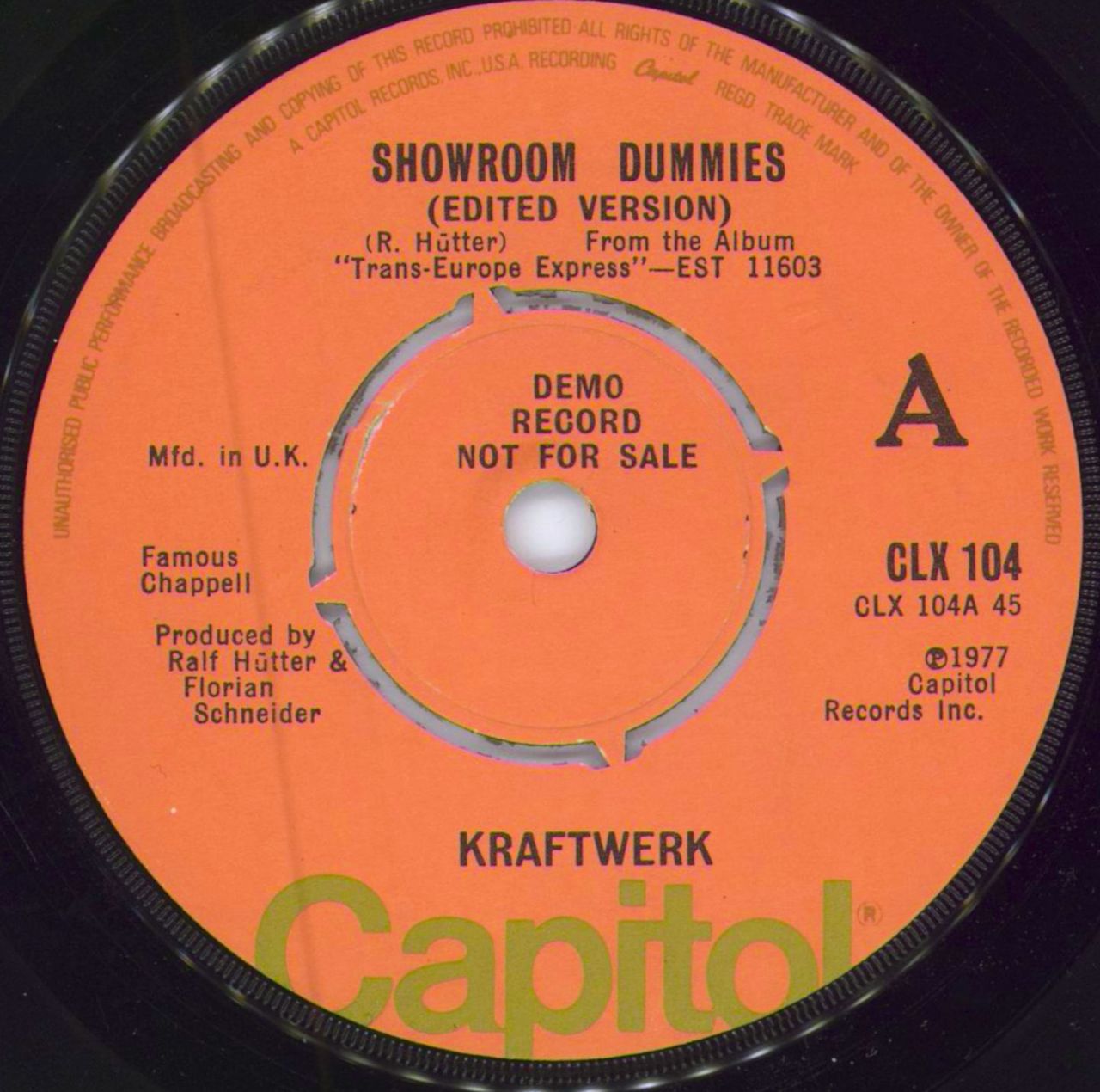 Kraftwerk Showroom Dummies-'A' label demo UK Promo 7" vinyl single (7 inch record / 45) CLX104