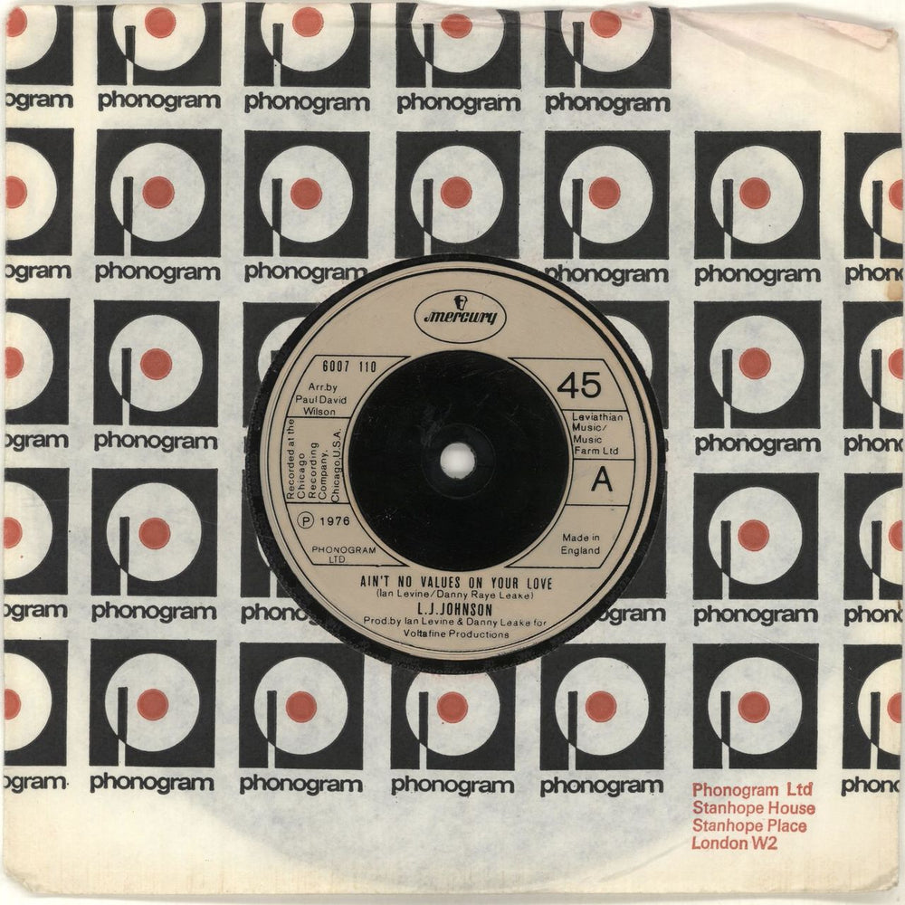 L. J. Johnson Ain't No Values On Your Love UK 7" vinyl single (7 inch record / 45) 6007110