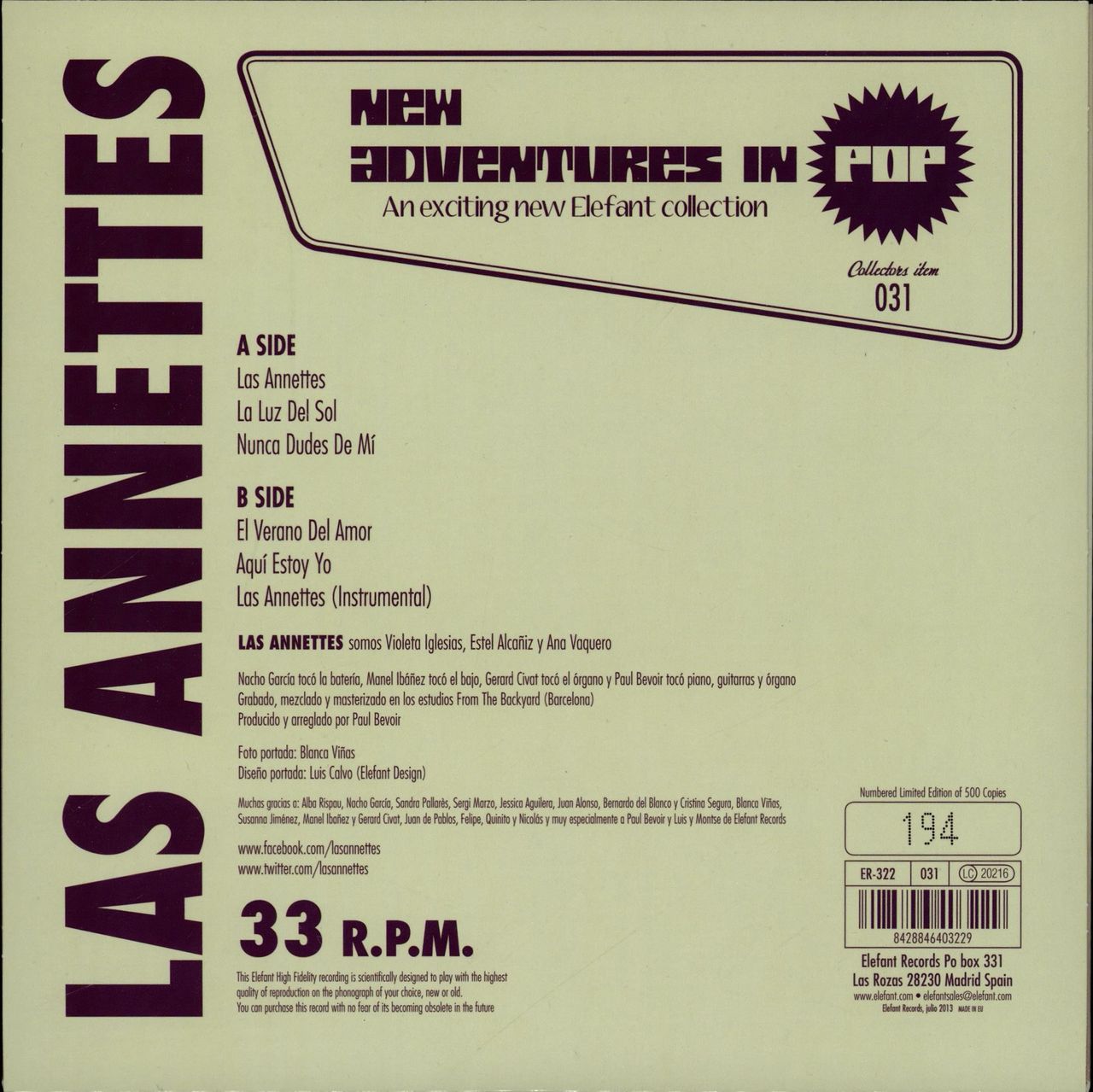 Las Annettes La Luz Del Sol - Purple Vinyl + Numbered Spanish 7" vinyl single (7 inch record / 45) 8428846403229