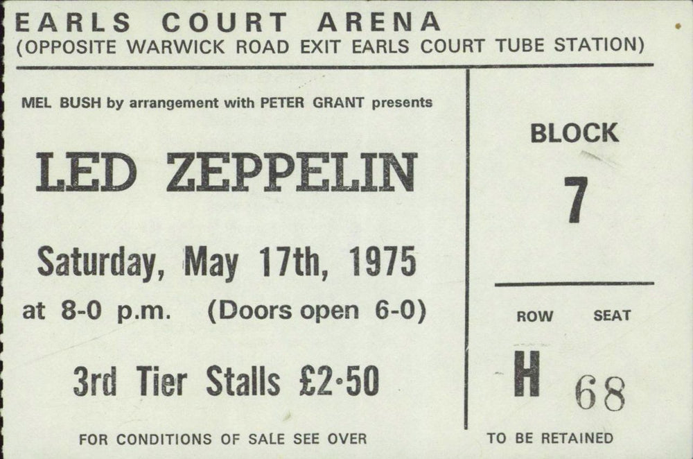 Led Zeppelin Earl's Court 75 + 17th Ticket UK tour programme