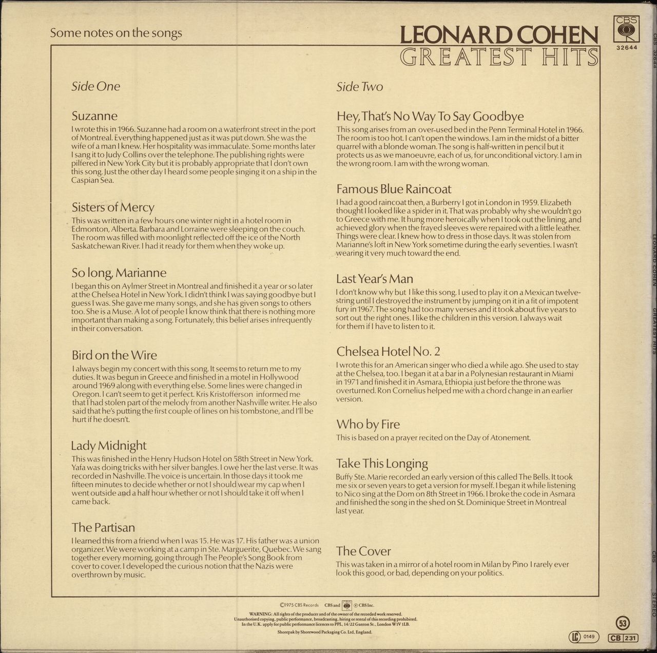 Leonard Cohen Greatest Hits UK vinyl LP album (LP record)