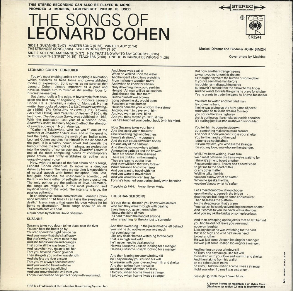 Leonard Cohen Songs Of Leonard Cohen - 3rd Dutch vinyl LP album (LP record)