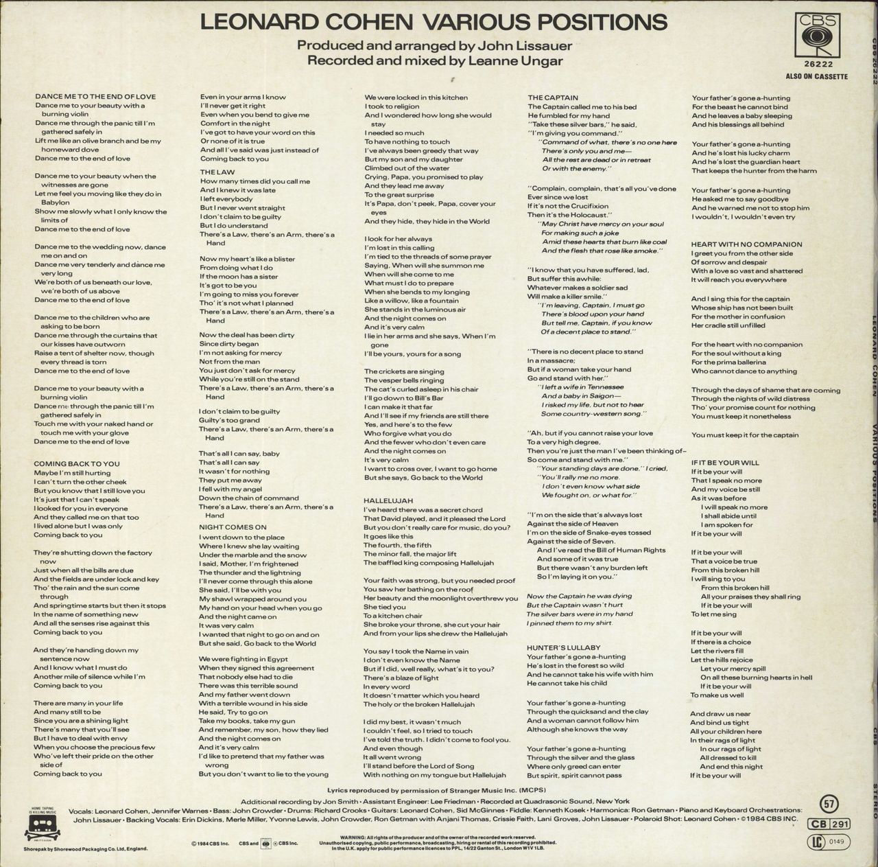 Leonard Cohen Various Positions - sunburst label UK vinyl LP album (LP record)