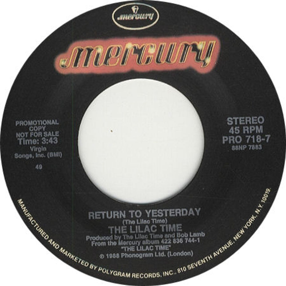 Lilac Time Return To Yesterday US Promo 7" vinyl single (7 inch record / 45) PRO718-7