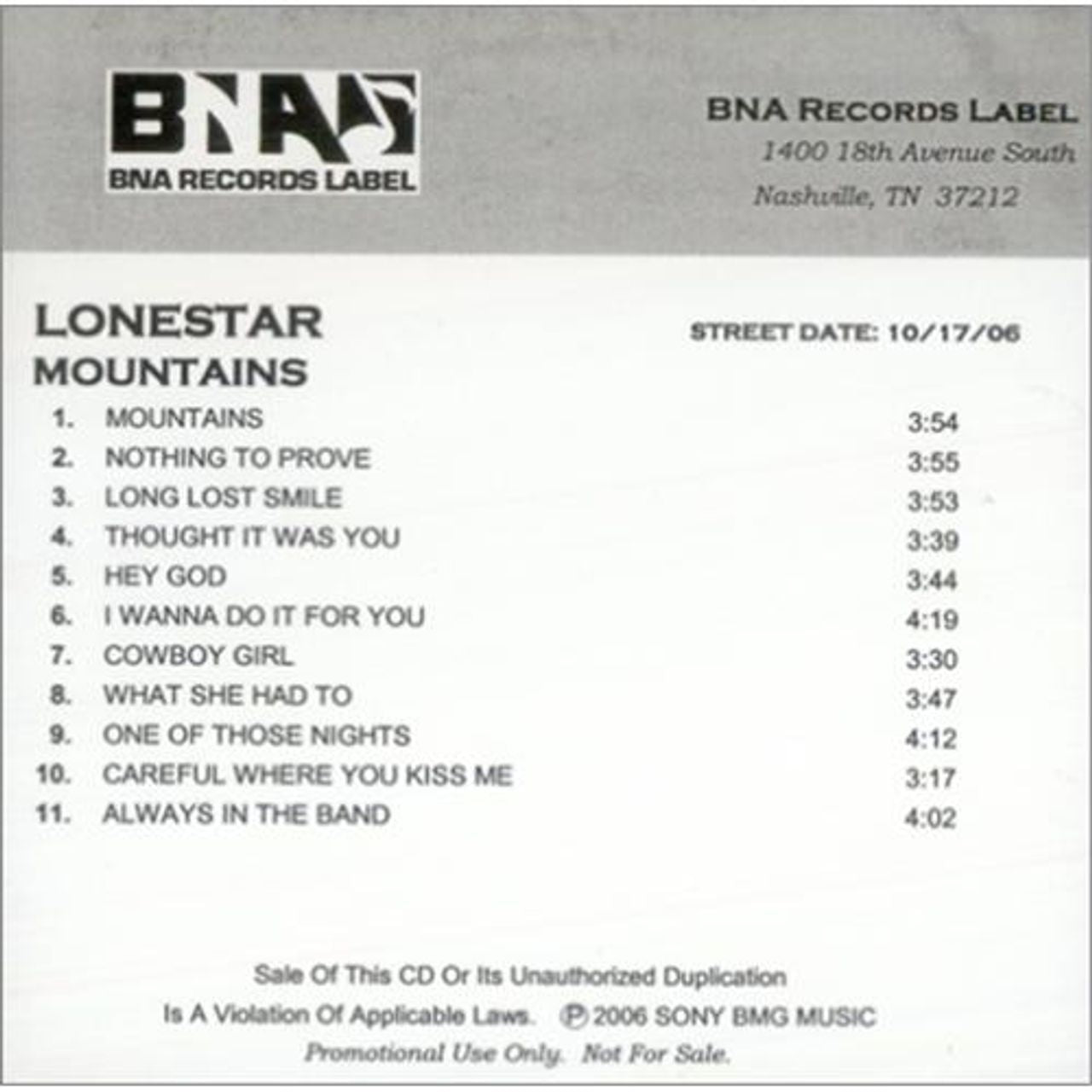 Lonestar Mountains US Promo CD-R acetate CD-R ACETATE
