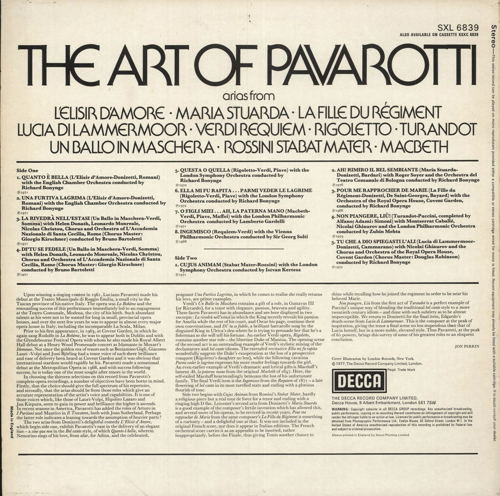 Luciano Pavarotti The Art Of Pavarotti UK vinyl LP album (LP record)