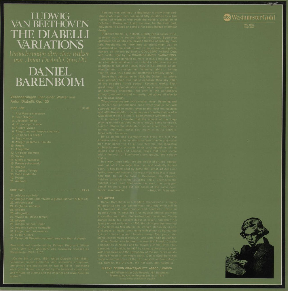Ludwig Van Beethoven Beethoven: Diabelli Variations UK vinyl LP album (LP record)