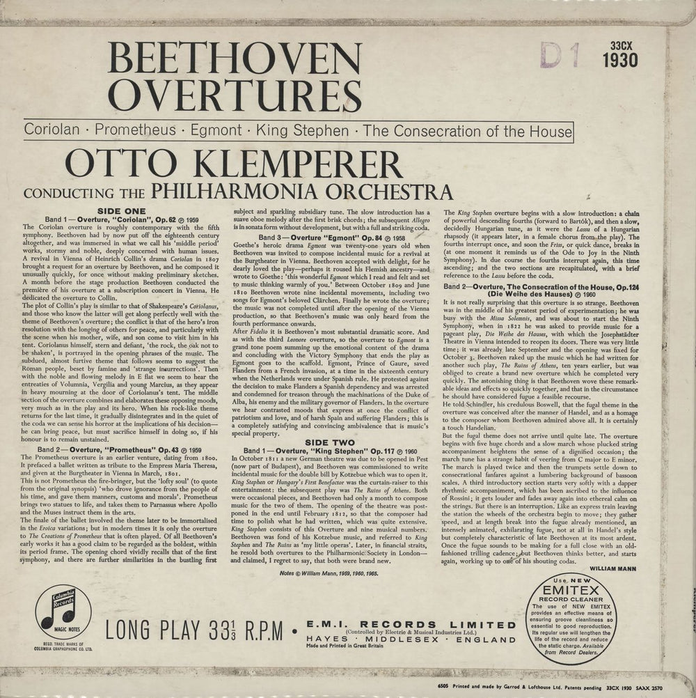 Ludwig Van Beethoven Beethoven Overtures UK vinyl LP album (LP record)