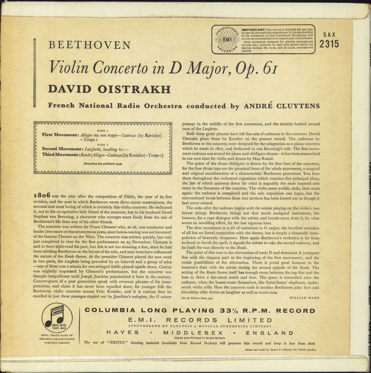 Ludwig Van Beethoven Beethoven: Violin Concerto UK vinyl LP album (LP record)