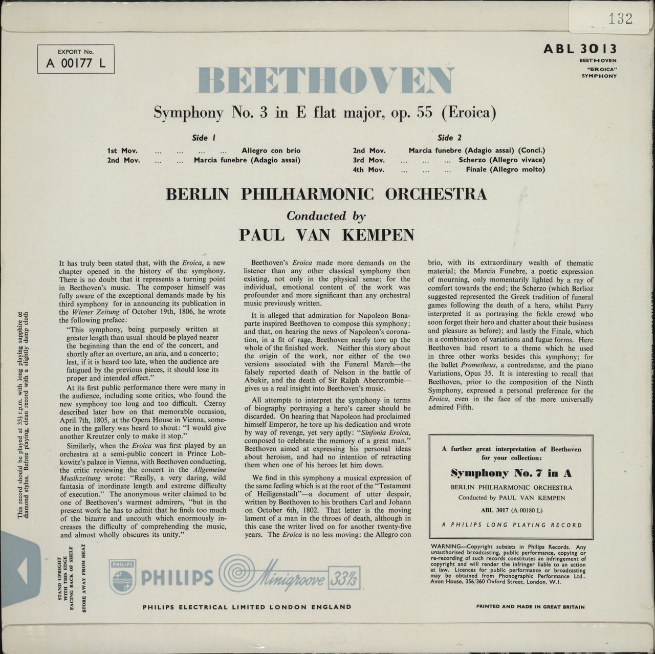 Ludwig Van Beethoven “Eroica” (Op. 55) Symphony No. 3 In E Flat Major UK vinyl LP album (LP record)