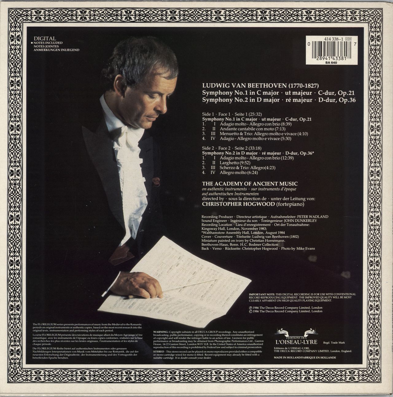 Ludwig Van Beethoven Symphonies 1 & 2 Dutch vinyl LP album (LP record) 028941433817