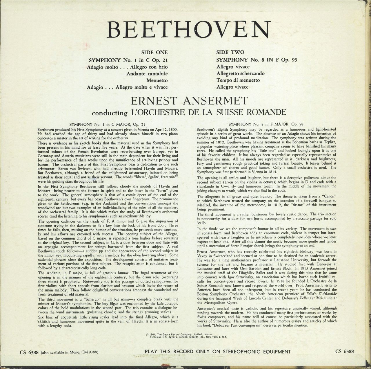 Ludwig Van Beethoven Symphonies Nos. 1 & 8 US vinyl LP album (LP record)
