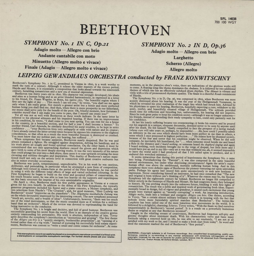 Ludwig Van Beethoven Symphony No. 1 in C Major, Opus 21 / Symphony No. 2 in D Major, Opus 36 UK vinyl LP album (LP record)