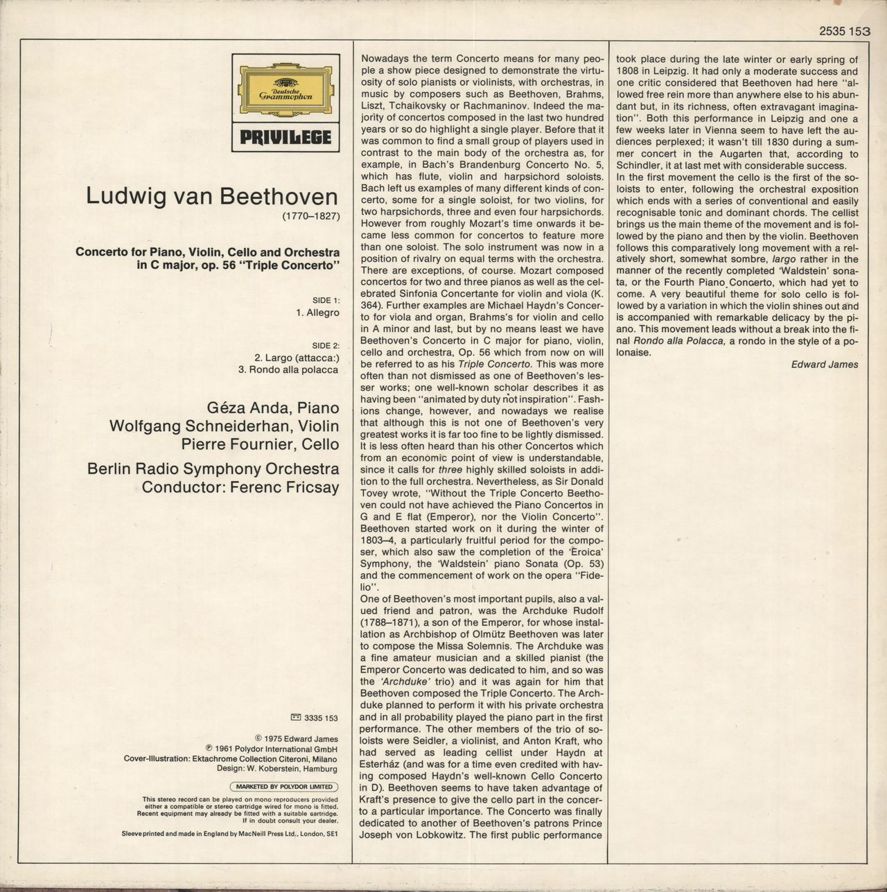 Ludwig Van Beethoven Triple Concerto German Vinyl LP — RareVinyl.com