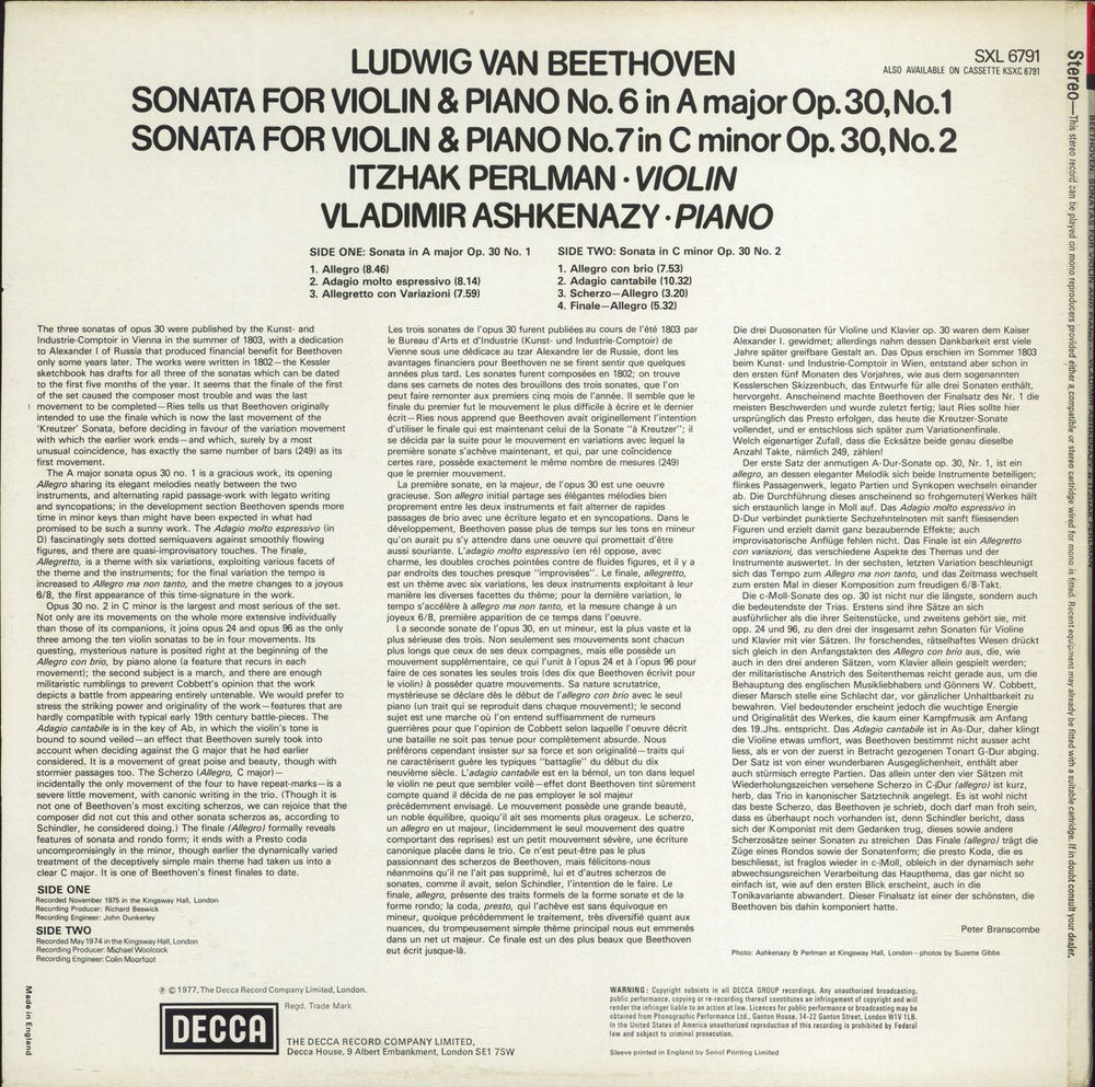 Ludwig Van Beethoven Violin Sonatas Op.30 Nos. 1 & 2 UK vinyl LP album (LP record)